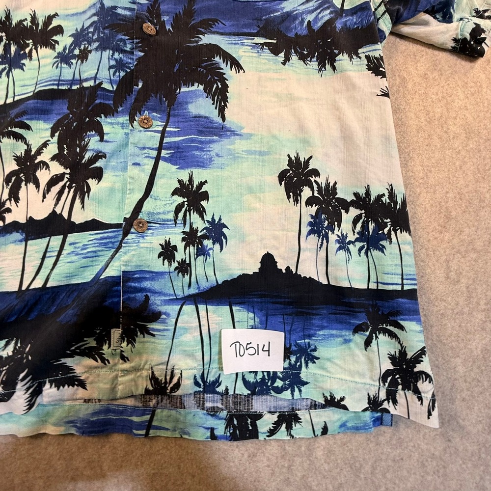 Tommy Bahama Mens XL Silk Tropical Palm Tree Island Print Camp Shirt Blue Teal - Picture 2 of 5